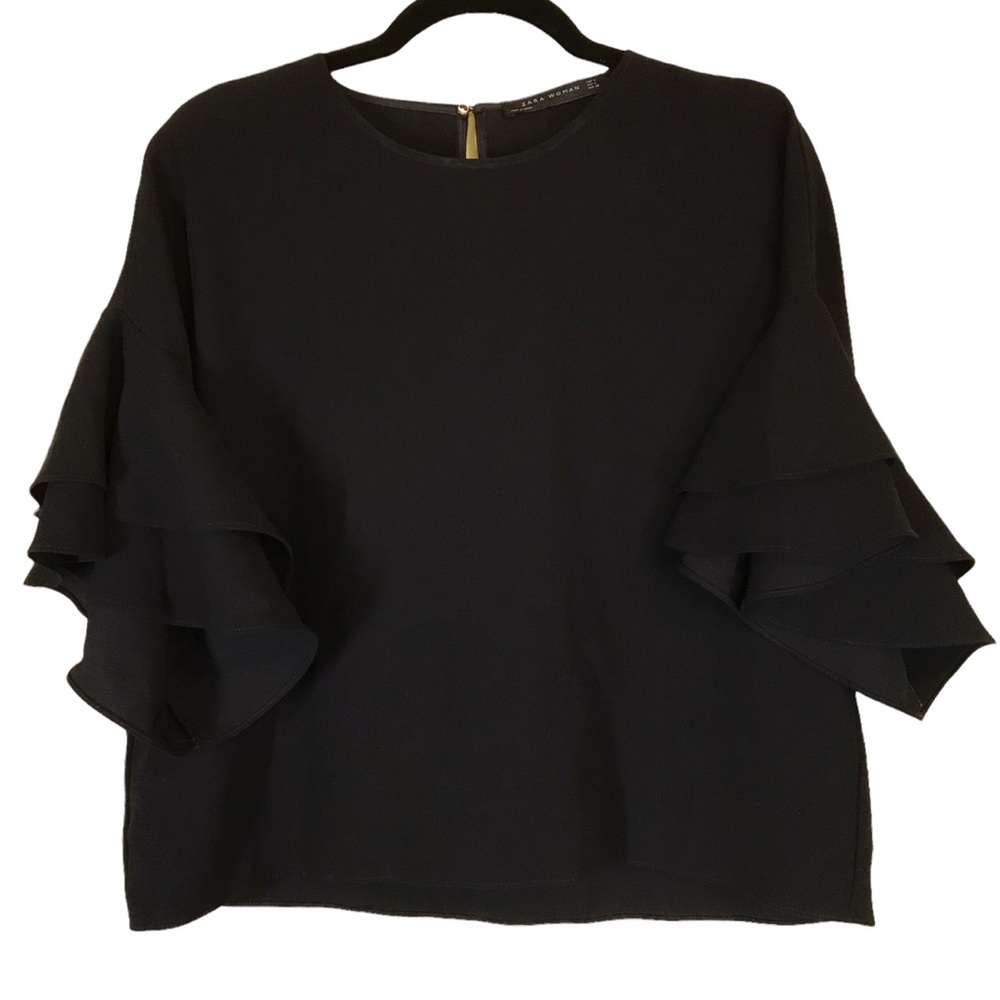 Zara Woman Black Ruffle Flutter Short Sleeve Crop Top Blouse Shirt Medium